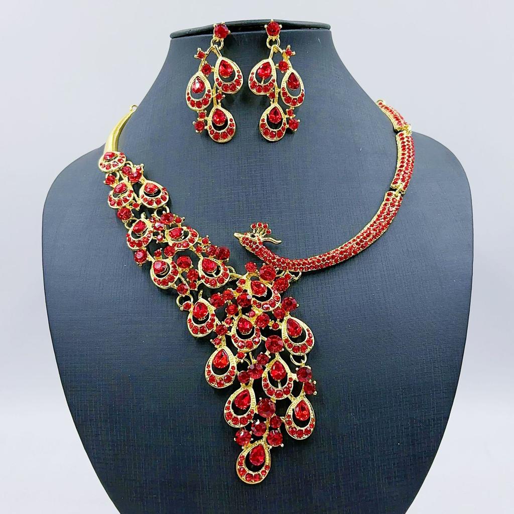 Colored Gemstone Peacock Necklace And Earrings Set - Bridal Accessories