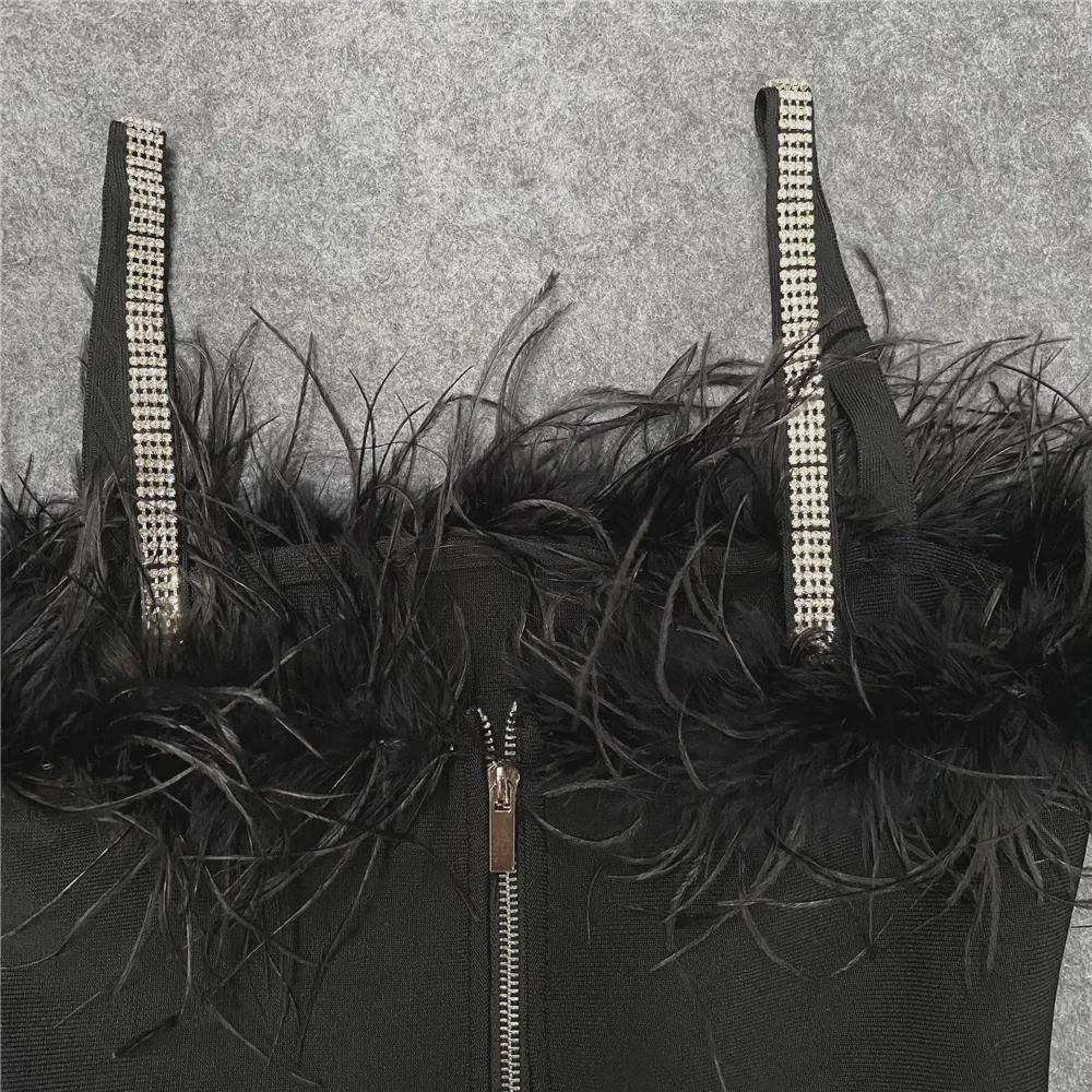 "European & American Women's Sexy Celebrity Feather Slit Bandage Midi Dress with Diamonds"