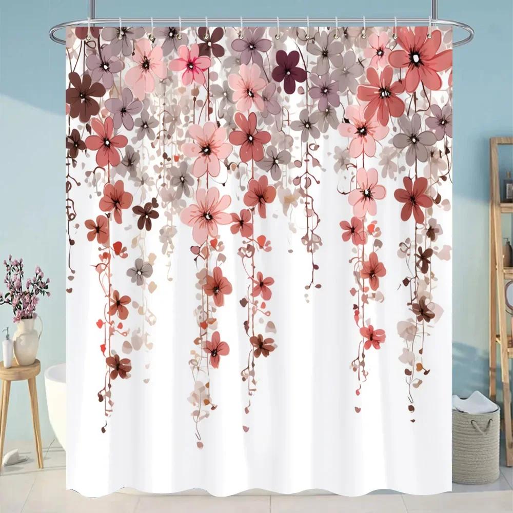 Botanical Flower Shower Curtain Colourful Flowers Green Leaves Watercolour Art Creative Polyester Shower Curtains Bathroom Decor