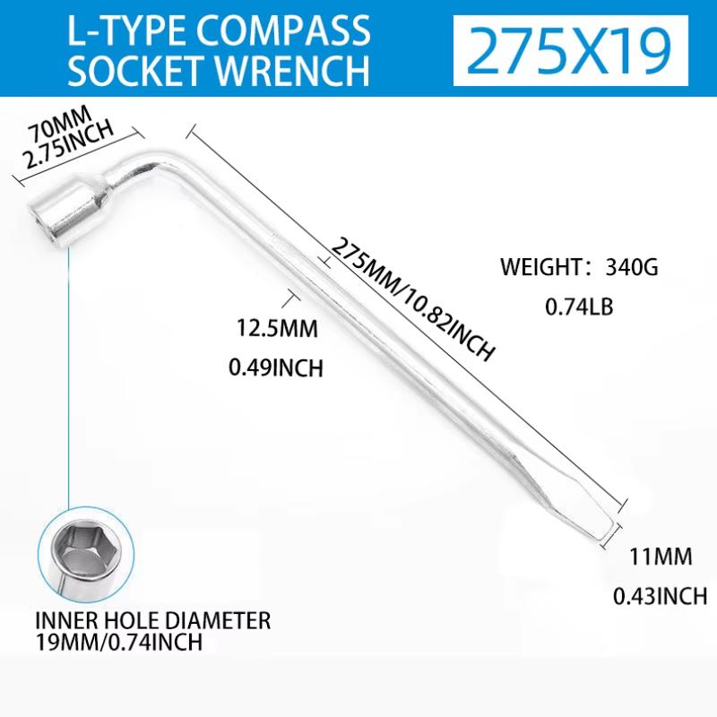 Car Spare Tire Lug Wrench - L type Hexagonal Head 17/19/21/24mm Slotted End Socket Repair Tool, Standard Tire Wrench