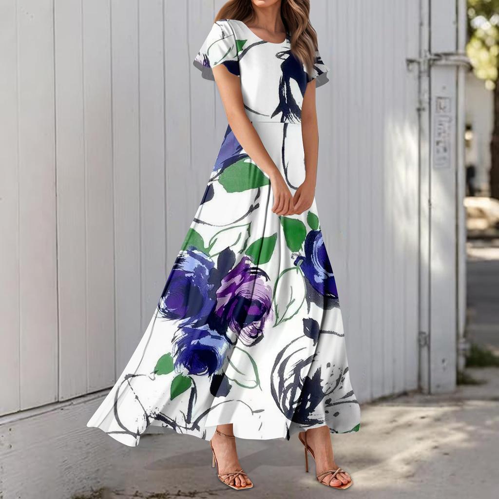 Rochie Casual cu Mânecă Scurtă și Gât Rotund pentru Femei, cu Imprimeu Hawaiian și Talie Înaltă