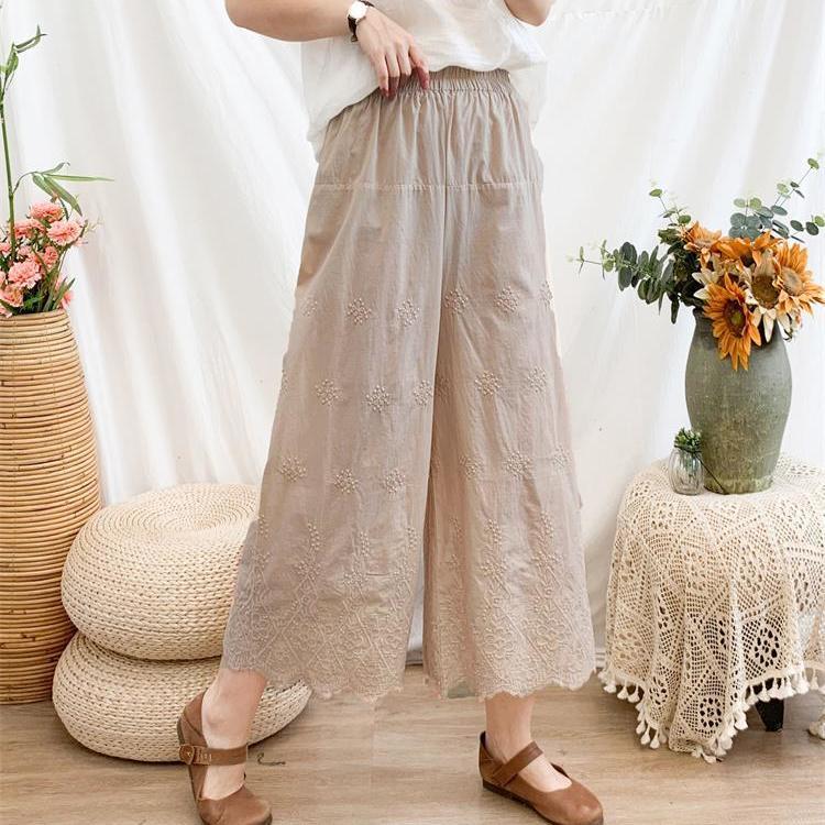 Pantaloni de vară noi artistici cu dantelă ajurată din bumbac, pantaloni scurți, pantaloni casual largi, pantaloni drepți brodați pentru femei