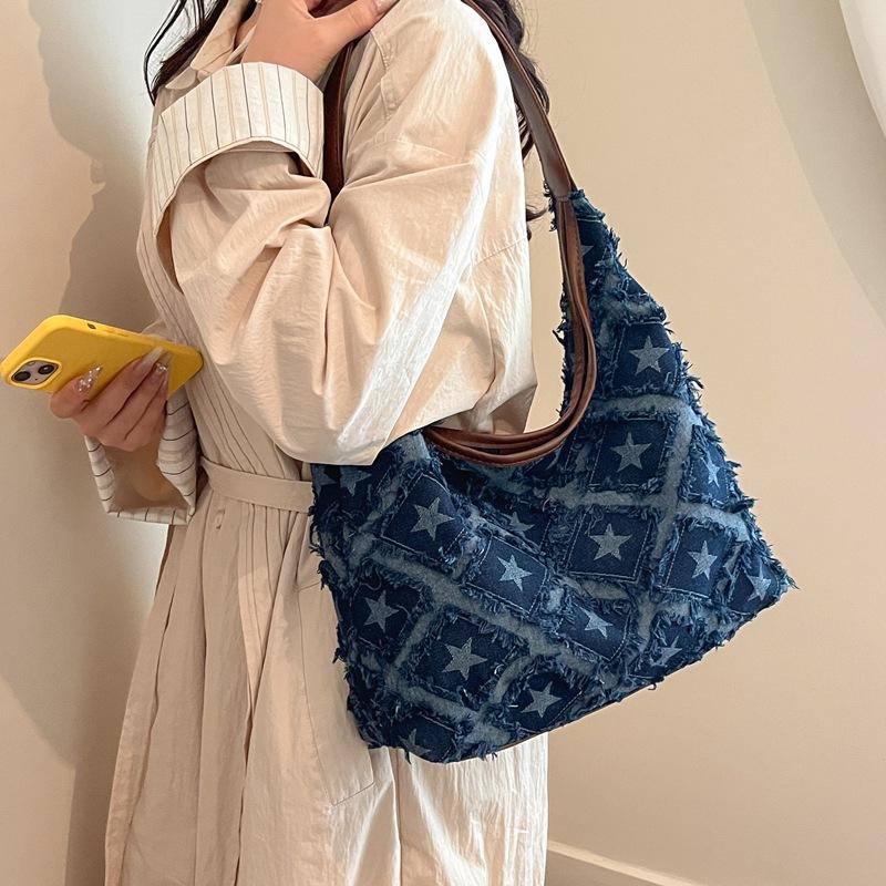 Star Print Frayed Denim Tote Bag Large Capacity Casual Shoulder Handbag for Women