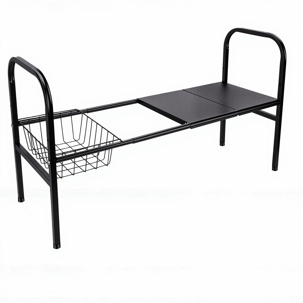 Expandable Under Sink Organizer 1 Tier Shelf with 1 Removable Basket 2 Removable Panels for Cabinet Sink Cloakroom
