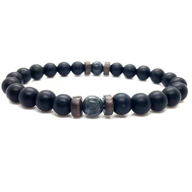 

Unisex 8mm Lava Stone & Map Stone Black Flash Beaded Bracelet with Wood Chip Accents 8mm