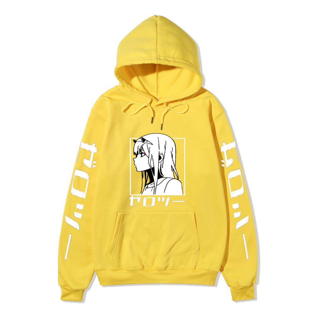 Zero Two Side Profile Anime Hoodie Japanese Letter Print Black Casual Long Sleeve Hooded Sweatshirt Pullover