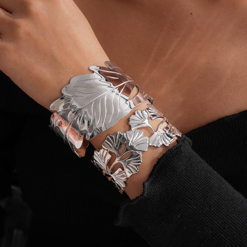 Vintage Ginkgo Leaf Butterfly Open Cuff Bangle Gold Silver Wide Statement Bracelet For Women Boho Party Jewelry