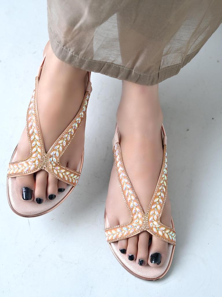 Shoetopia Womens Embellished Flat Sandals | Stylish Slingback Party & Ethnic Footwear Flats | Comfortable Daily Footwear