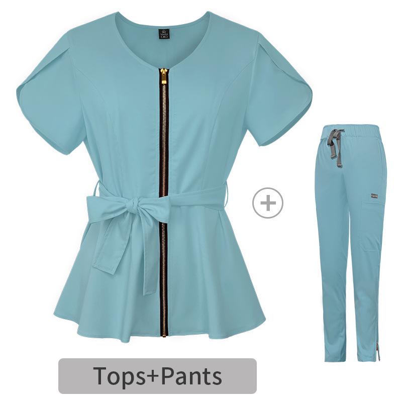 Elastische Taille-Cinchende Ziekenhuis Scrub Set voor Dames - Korte Mouwen Chirurgisch Gaan en Split Broek