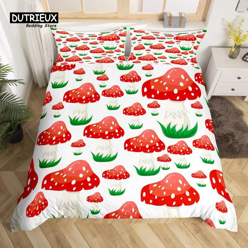 Cartoon Mushrooms Duvet Cover Kawaii Fungus Bedding Set Wild Mushroom Stuff Comforter Cover Twin King for Boys Girls Room Decor