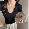 Pure desire deep U-neck front shoulder short-sleeved T-shirt women's summer slim-fitting and thin Korean inner bottoming shirt pure cotton top