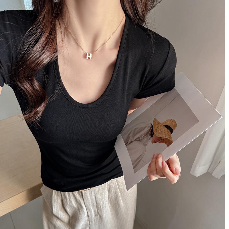 Pure desire deep U-neck front shoulder short-sleeved T-shirt women's summer slim-fitting and thin Korean inner bottoming shirt pure cotton top