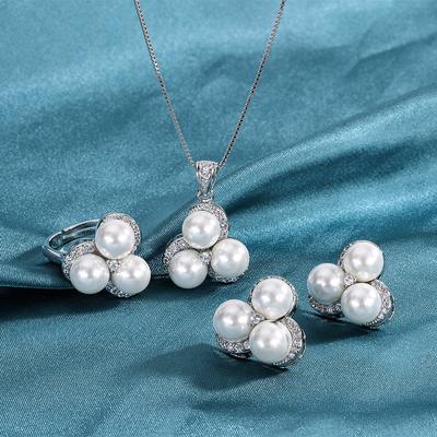Copper-plated Real Gold Live Broadcast Hot Fashion Shell Pearl Micro-inlaid Diamond Stud Earrings, Necklace Three-piece Set for Women