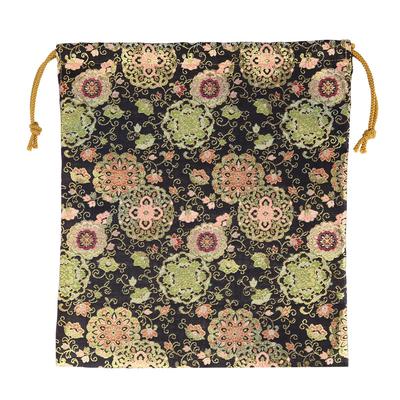 Gold Brocade Drawstring Bag, Square, Bag, Gold Brocade, Floral Arabesque Pattern, Black