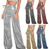 Women Trousers Wide Leg with Hot Stamping Design Glossy Pants Long Clubs Performances Zipper Closure Glitter Shiny Fabric Statement