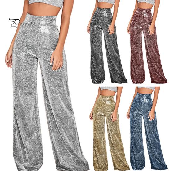 Women Trousers Wide Leg with Hot Stamping Design Glossy Pants Long Clubs Performances Zipper Closure Glitter Shiny Fabric Statement