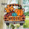 Rustic Pumpkin Welcome Sign Hello Fall Wooden Hanging Sign, Retro Plaid Pickup Truck Ornaments, Wall Pendant Front Door Decor with And Maple Leaf for