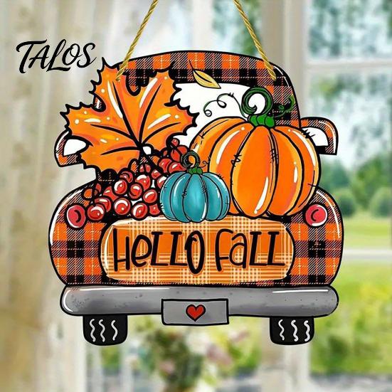 Rustic Pumpkin Welcome Sign Hello Fall Wooden Hanging Sign, Retro Plaid Pickup Truck Ornaments, Wall Pendant Front Door Decor with And Maple Leaf for