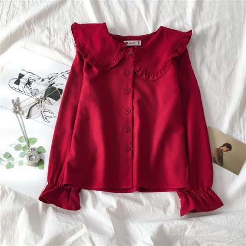 

Весенние корейские милые расклешенные блузки с длинными рукавами женские Harajuku повседневный воротник японская милая блузка рубашка повседневное для отдыха High Street плюс размер XS красный