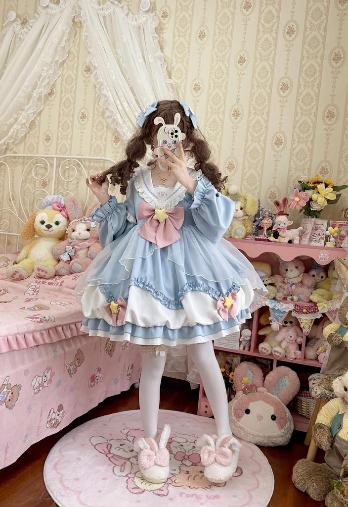 XHSUKADO Lolita Long Star Sailor Cat Claw Bunny Light Size M Women's Dress, Sleeves, Spring, Summer, Fall, Dreamy, Cute, Ribbon, Pattern, Collar,