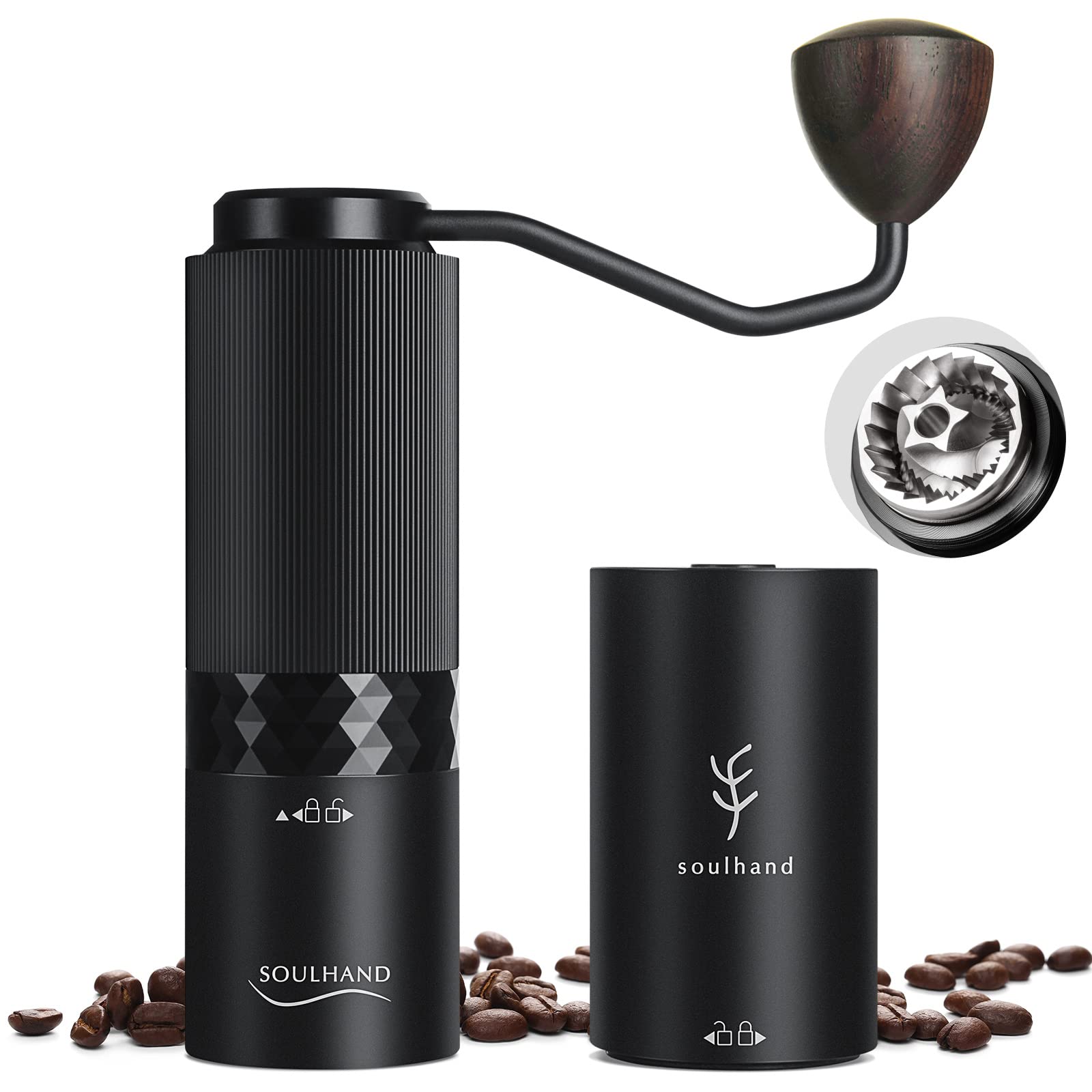 

Soulhand Portable Coffee Switchable Coffee Bean Grinder with Adjustable Internal CNC Titanium Conical Burr Grinder for French and Coffee 2-in-1