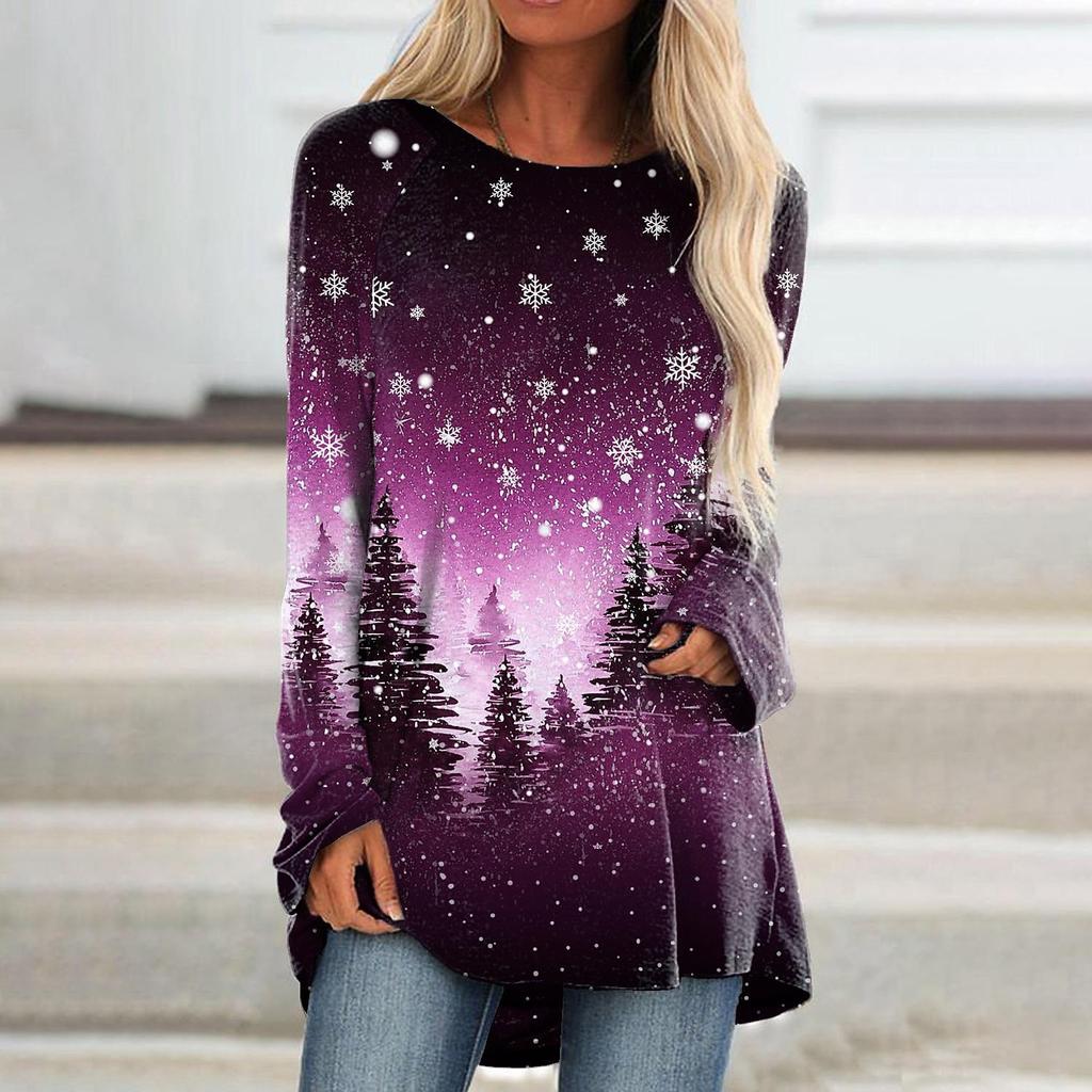 Plus Size Women Spring Tree Printed Comfy Long Sleeve Round Collar T-shirt Casual Baggy Mid Length Tee Tops