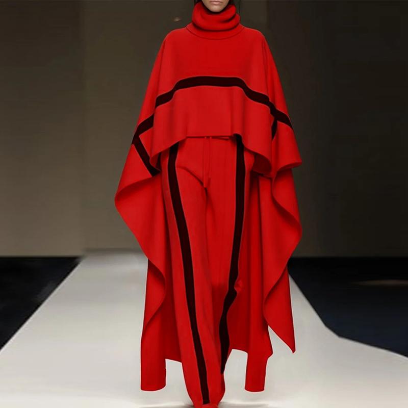 Dámský zimní temperamentní outfit Ukázat styl Šálový límec Netopýří rukáv Plášť Topy Sada kalhot se stahovací šňůrkou Šik pruhovaný steh 2dílný oblek