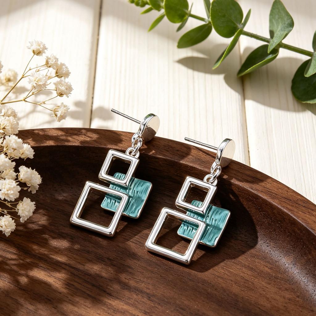 Hollow Square Enamel Stud Earrings Multi-layer Irregular Geometric Earrings Commuter Versatile Light Luxury Earrings