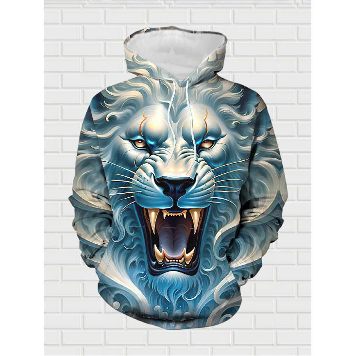 Hooded Men's Outfit Winter Street Style Trendy 3D Roaring Lion Graphic Print Hoodie Sweatpants Set Men's Fashion Casual Wear for Adults Men Holiday