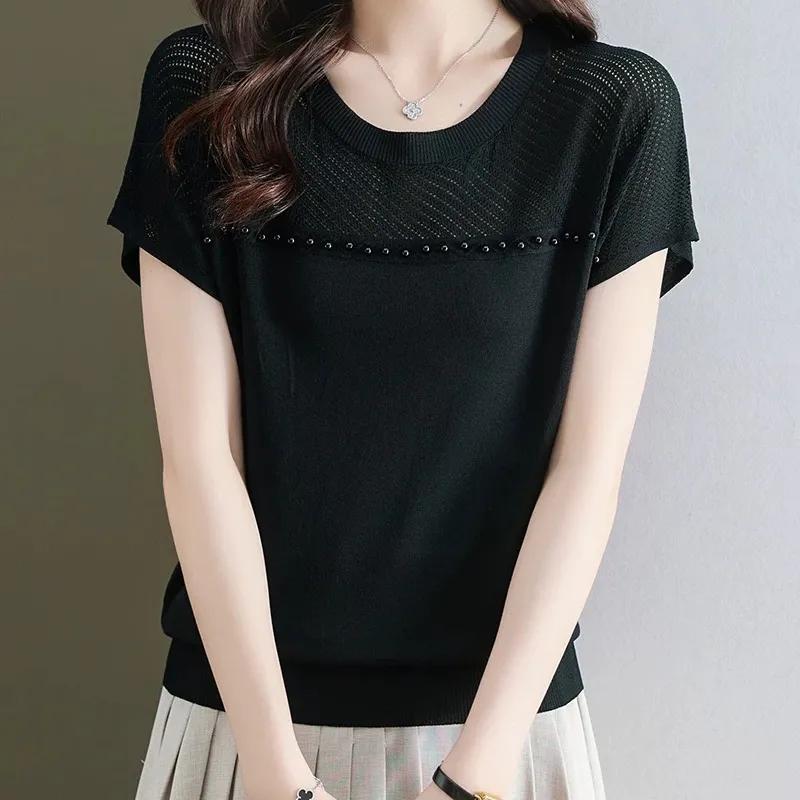 

Женские летние однотонные тонкие трикотажные футболки женские с круглым вырезом элегантные топы с коротким рукавом 3XL чёрный