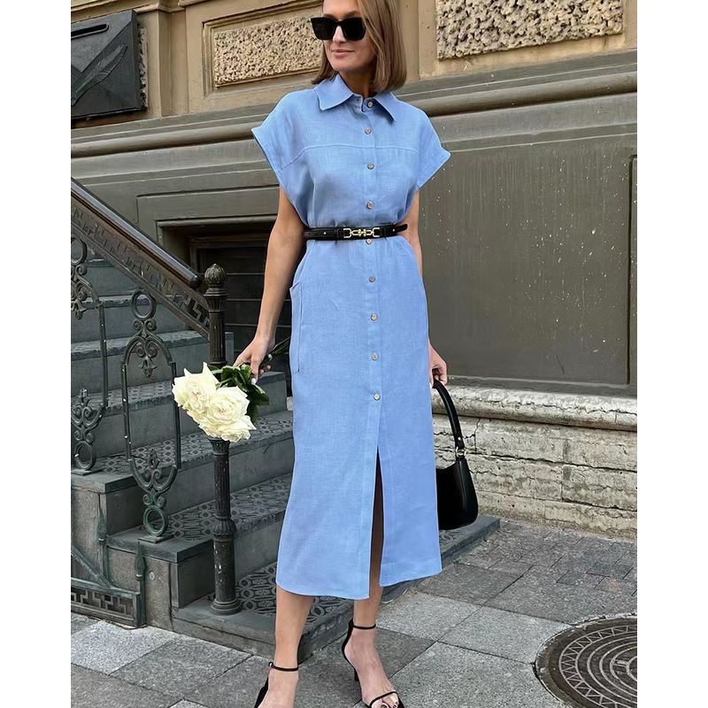 

Темпераментное платье с лацканами в западном стиле на одной пуговице, платье с отложным воротником, платье одинарной варки Blue (without Belt) L