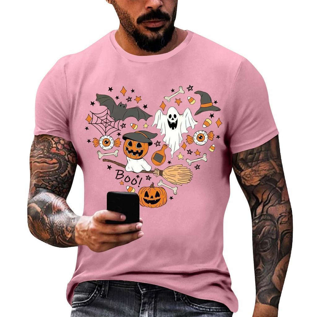 Men Casual Short Sleeve Halloween Print Tee Crew Neck Cotton Fit T Shirt for Everyday Wear and Sports