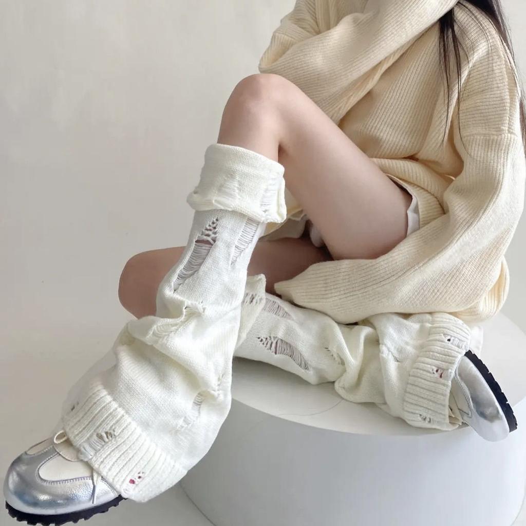 Autumn Winter Japanese Y2K Spice Girl Subculture Hole Open Cuffed Ripped Mid-calf Cute Versatile Leg Socks Covers