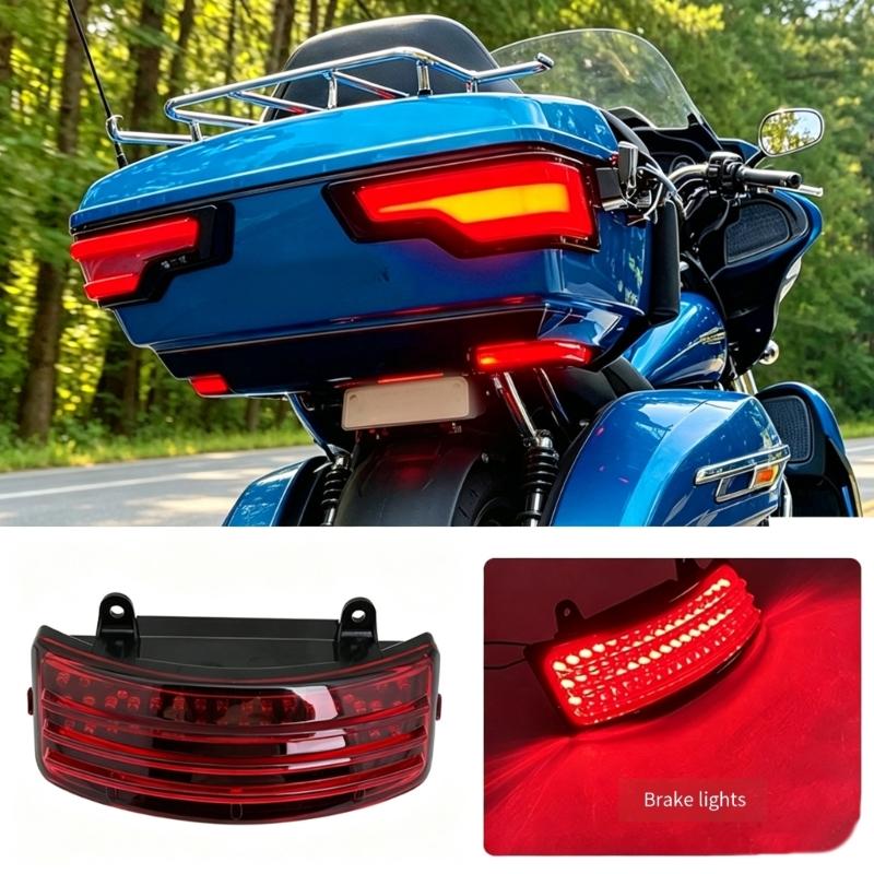 Rear LED Brake and Running Light Assembly with Preformed Mounting Holes, Curved Housing, and Red Layered Lens for Specified 2014-2023 Motorcycles