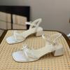 One Word with Temperament Sandals Women's 2025 Summer New Versatile Bow Thick Heel Thick Sole Square Head Fashion High Heels