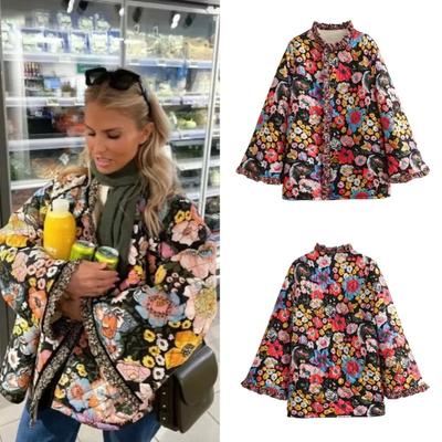 Veste Matelassée Femme Automne Hiver Imprimé Floral Vintage Veste Demi-Saison pour Femmes Manteaux Tweed Chaud Manteau Laine d'Agneau