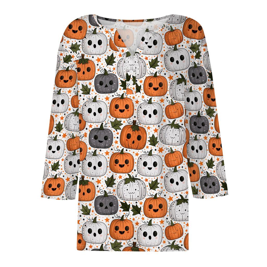Lady's fashionable casual V-neck buttoned Halloween print three-quarter sleeve