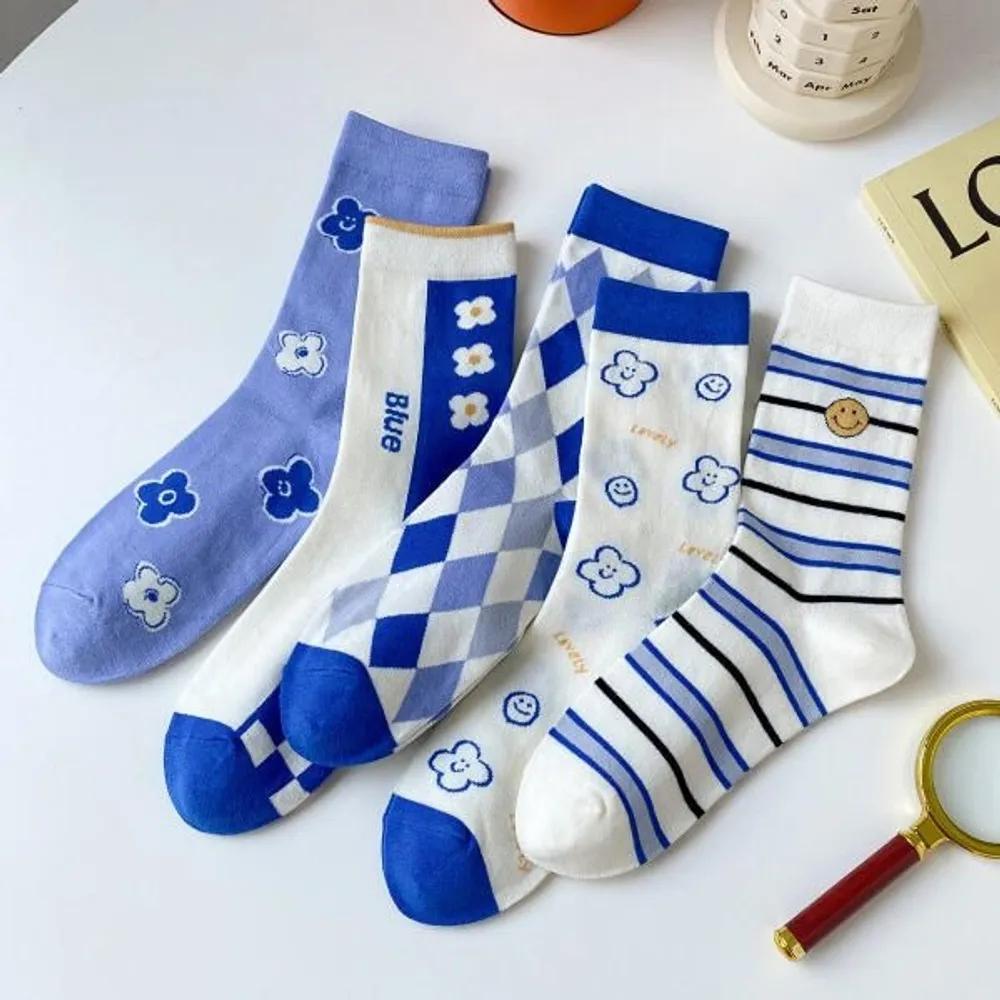 Holliz [Set of 5 Pairs] Eune Various Blue Long Sock Set Set of 5 / Free