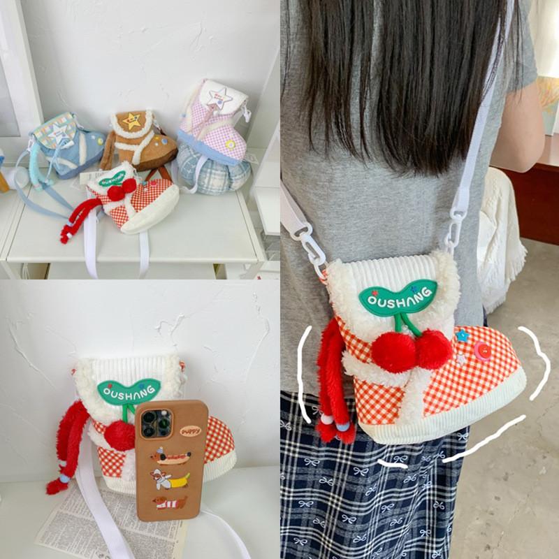 Plush Cartoon Shoe Shaped Shoulder Bag For Girls With Zipper Closure And Inner Pouch