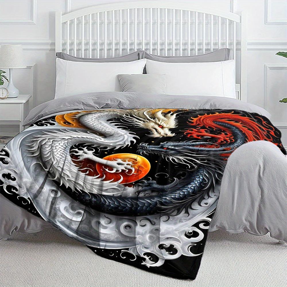 Dragon Yin Yang Throw, Balanced Design Flannel Blanket, Soft Portable for Travel, Zen Inspired Home Decor Gift