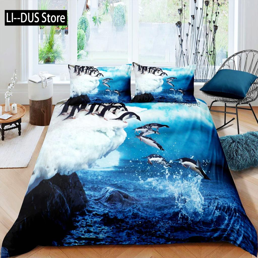 Watercolor Penguin Pattern Print Duvet Cover Set Bedding Set 3pcs for Kids Comforter Cover Soft Quilt Cover with 2 Pillow Case