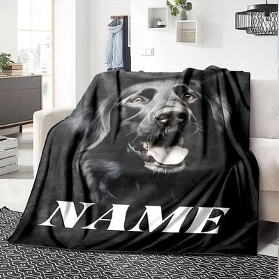 Black Dog With Open Mouth And Tongue Out On A Dark Background With The Word Below Cozy Personalized Blanket Customize Your Name Warmthful Decor