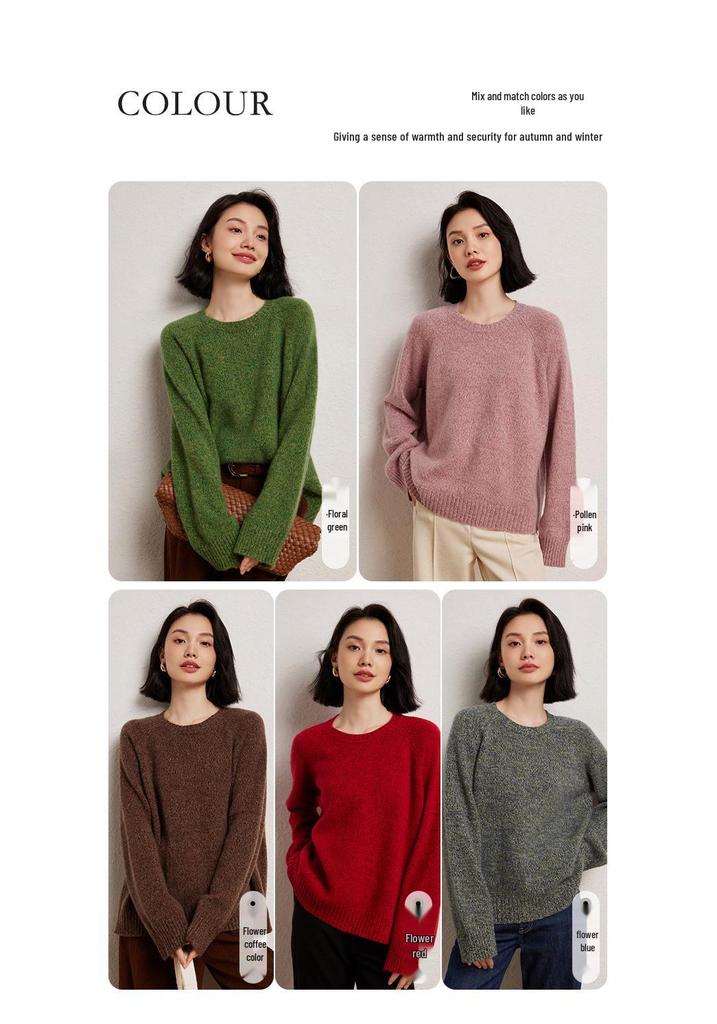 Women's Heavyweight Cashmere Sweater - Round Neck Marled Yarn Knit, Loose Long Sleeve