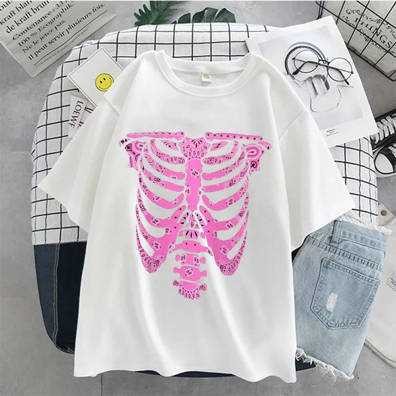 New Skull Printed Rib Jacket Version Loose Gothic Style Short Sleeve T-shirt Wholesale Women Tops Harajuku Fashion Summer