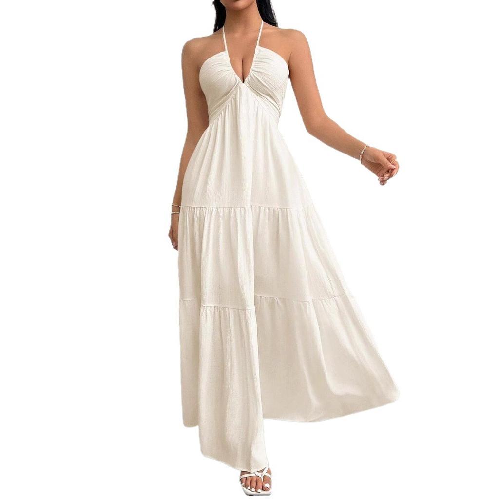 2026 European and American Women's Clothing Explosive Beach Vacation Backless V-neck White Pleated A-word Dress
