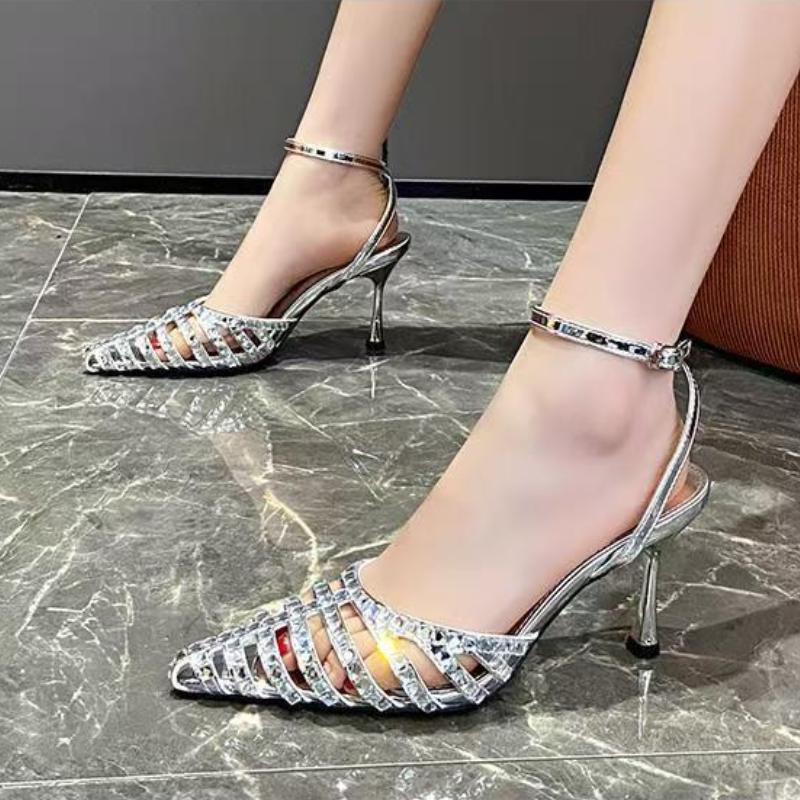 Fashion 2025 French High Heels Women's New Stiletto Heel Pointed Toe Hollow Sandals Fashion Rhinestone Cut-out Sandals 35-40