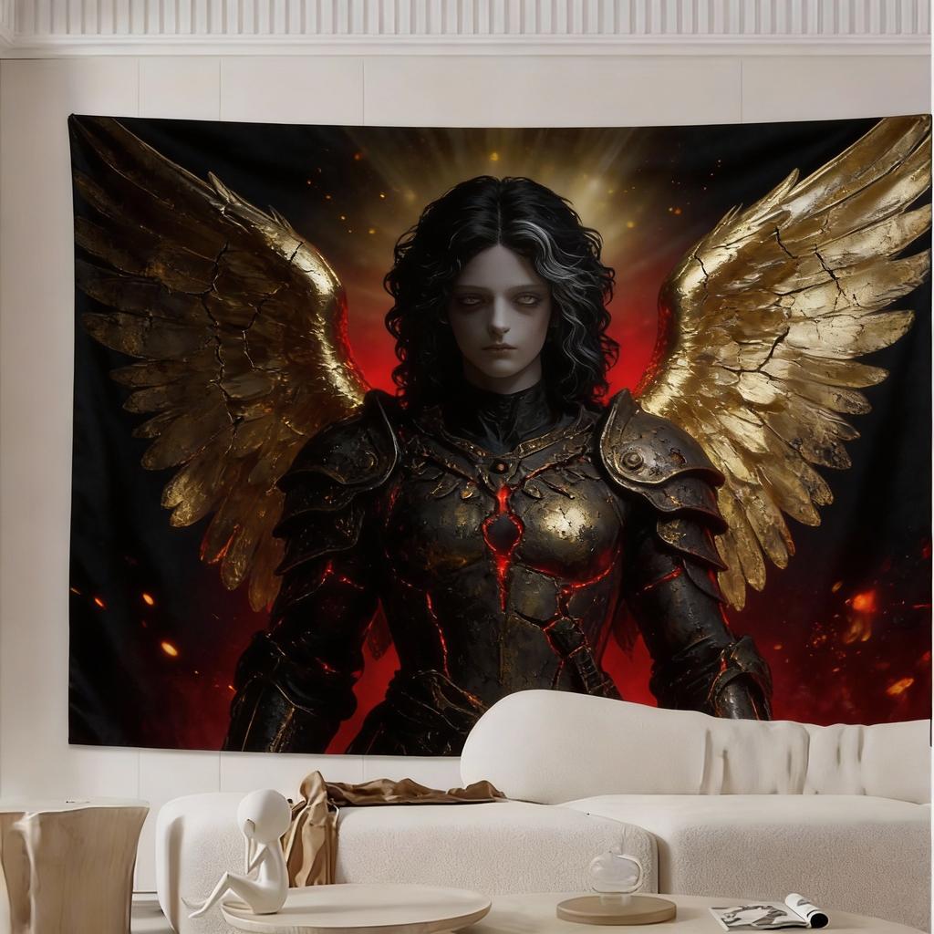 Luxurious Saint Michael Angel Golden  White Tapestry  Intricate Heavenly Design with Radiant Stars HighQuality Polyester Fab
