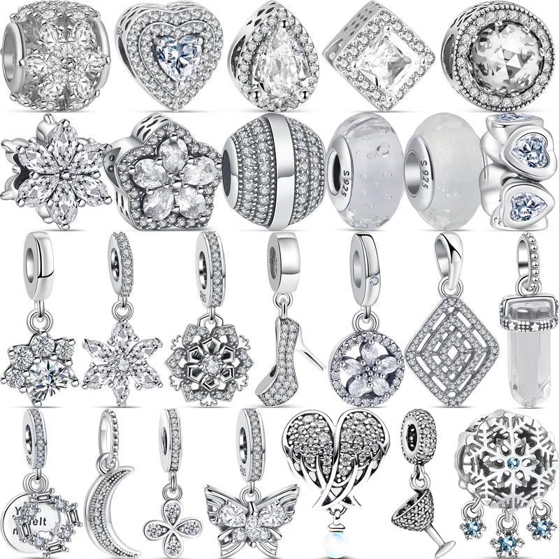 Cuivre 925 Zircon Clair Flocon de Neige Herbier Ailes d'Ange & Cœur Perles Scintillantes Convient Bracelet Charms Pantaro Original DIY Zircon