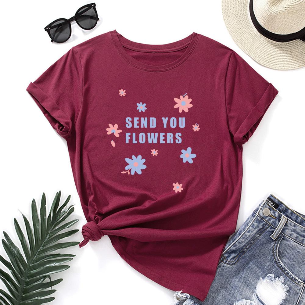 Send You Flowers Cotton T-Shirt Short Sleeve Round Neck Women 2d Print Tops