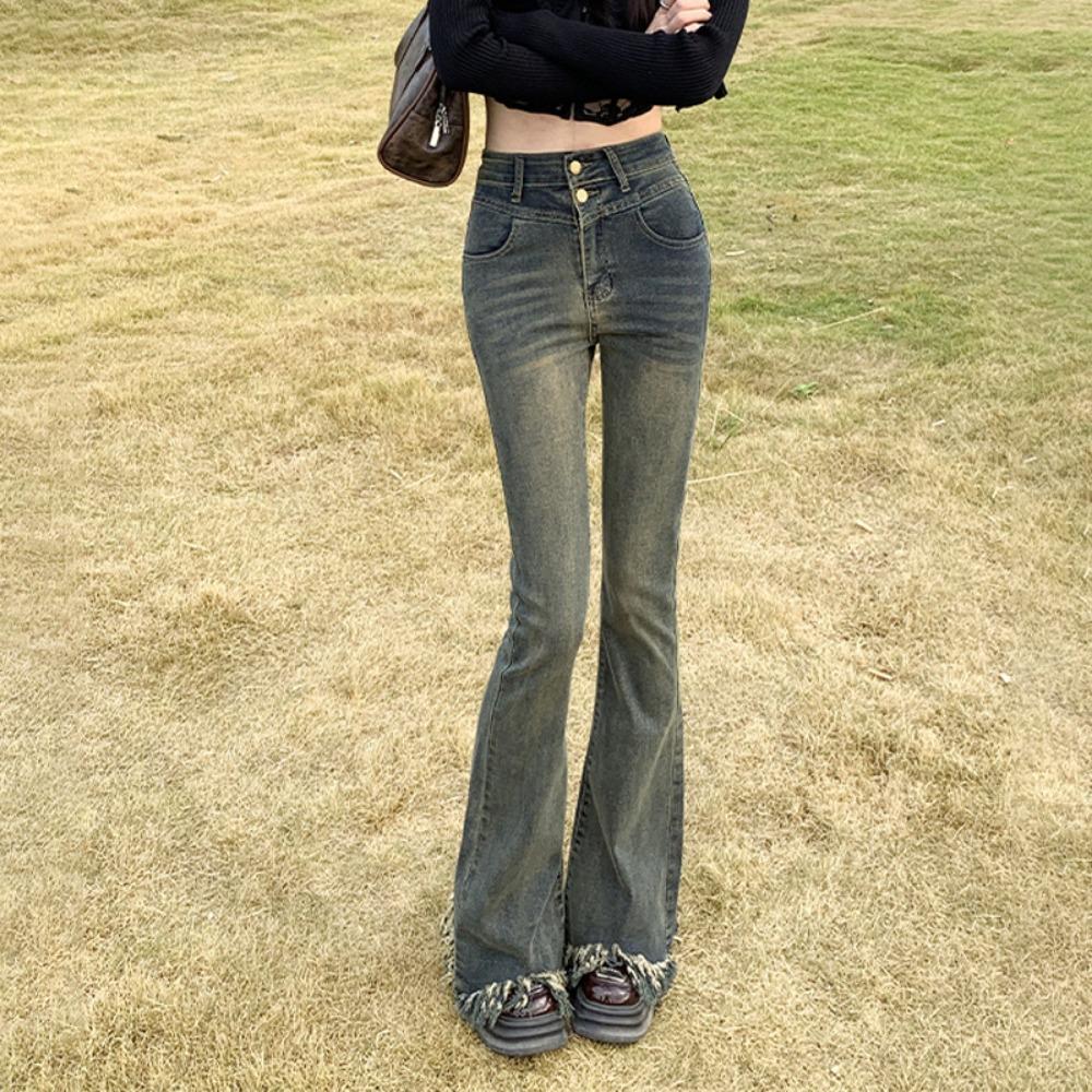 

Нейтральные уличные джинсы с необработанным краем и легкой потертостью, женские джинсы с высокой посадкой, новый дизайн весна-осень, микро-клеш XL